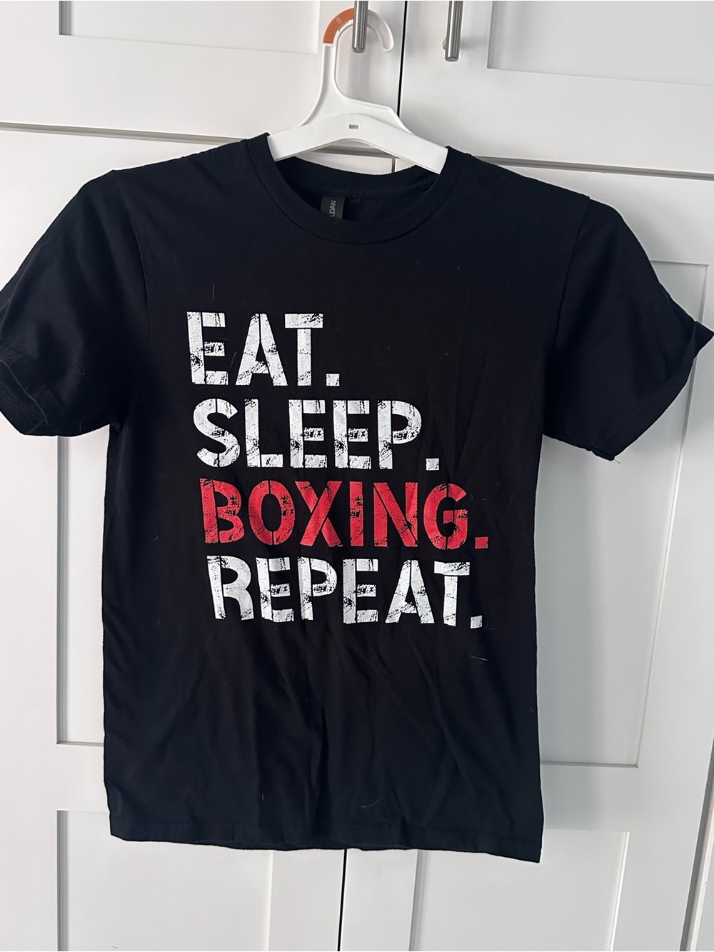 Gildan Black Graphic Tee with White & Red 'Eat. Sleep. Boxing. Repeat.' Text
